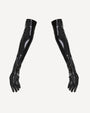 Black faux leather opera-length gloves with glossy finish and long fingered coverage