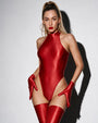 Wine red glossy halter-neck bodysuit with high-cut leg and fitted stretch fabric