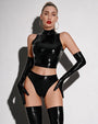 Faux leather black crop top and high-cut shorts set with long gloves, close-up front view.