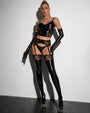 Black faux leather bra, garter belt and stockings set with long gloves