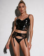 Black faux leather bra and garter belt with matching stockings