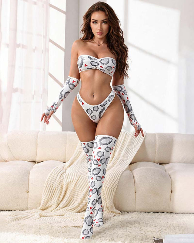 Novelty print lingerie set with strapless tube top, matching G-string, gloves, and thigh-high socks