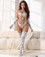 Novelty print lingerie set with strapless tube top, matching G-string, gloves, and thigh-high socks