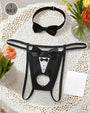 Black bow-collar open pouch G-string thong set with bow tie and long straps