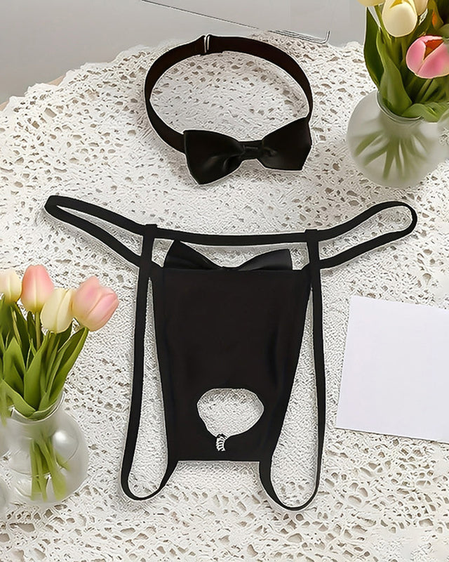 Black tuxedo-style bow collar open pouch G-string thong with front print pouch