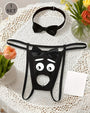 Black bow-collar open pouch G-string thong set with decorative face print