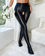 Glossy black crotchless open-toe pantyhose, high waist panel and open crotch design.