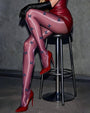 Glossy mauve-pink crotchless pantyhose with blue butterfly print, shiny sheer legs