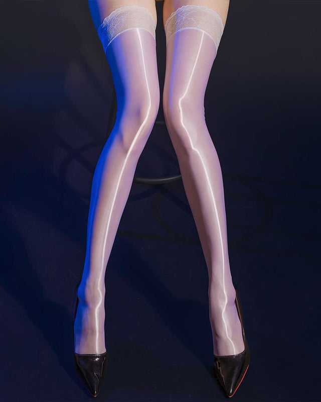 Light nude shiny lace thigh-high stockings with lace top