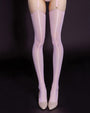 Pink sheer thigh-high stockings with glossy sheen and garter straps