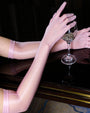 Light pink oil-shiny sheer opera gloves with long fitted sleeves and glossy shine