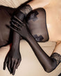 Black opera gloves with lace cuffs, glossy sheer stretch long hand coverage