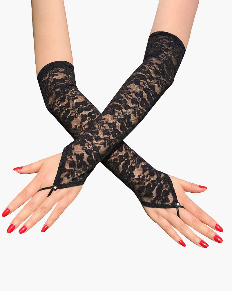 Elegant black lace fingerless gloves with floral pattern, perfect for adding a touch of mystery.