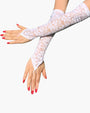 White lace fingerless floral gloves, adding elegance and style to your outfit.