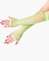 Neon green fishnet fingerless gloves, perfect for adding a touch of mystery to any outfit.