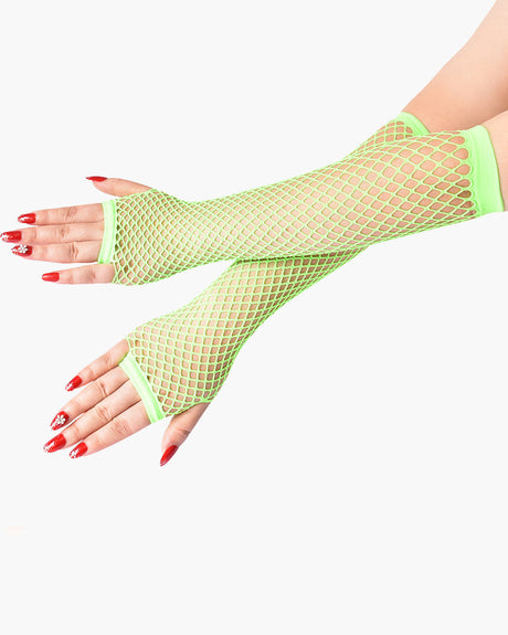 Neon green fishnet fingerless gloves, perfect for adding a touch of mystery to any outfit.