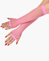 Pink fishnet fingerless gloves, mesh pattern, perfect for adding a touch of mystery to any outfit