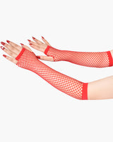 Red fishnet fingerless gloves, perfect for adding a touch of mystery to any outfit.