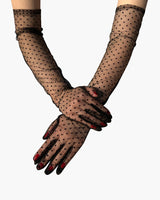 Black lace polka dot gloves, adding a touch of mystery and style to any outfit.