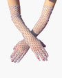 Retro polka dot gloves in sheer mesh with lace trim, adding a touch of elegance and style.