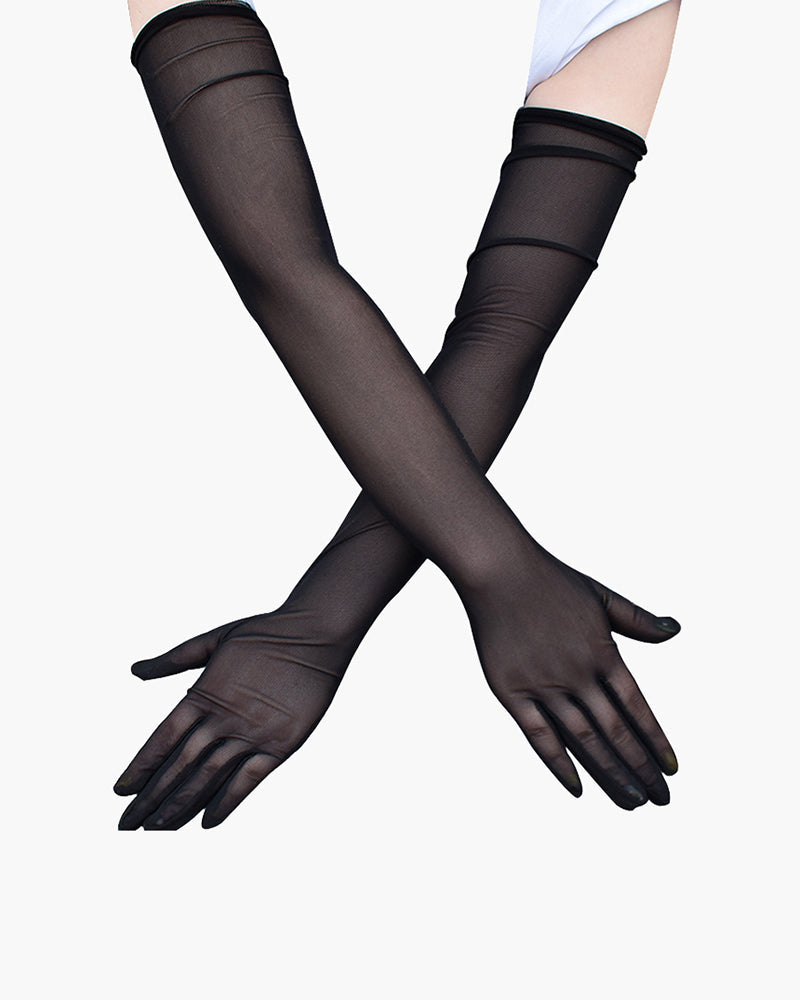 Black sheer elbow-length gloves. Adds elegance and mystery to any outfit.