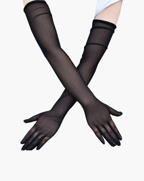Black sheer elbow-length gloves. Adds elegance and mystery to any outfit.