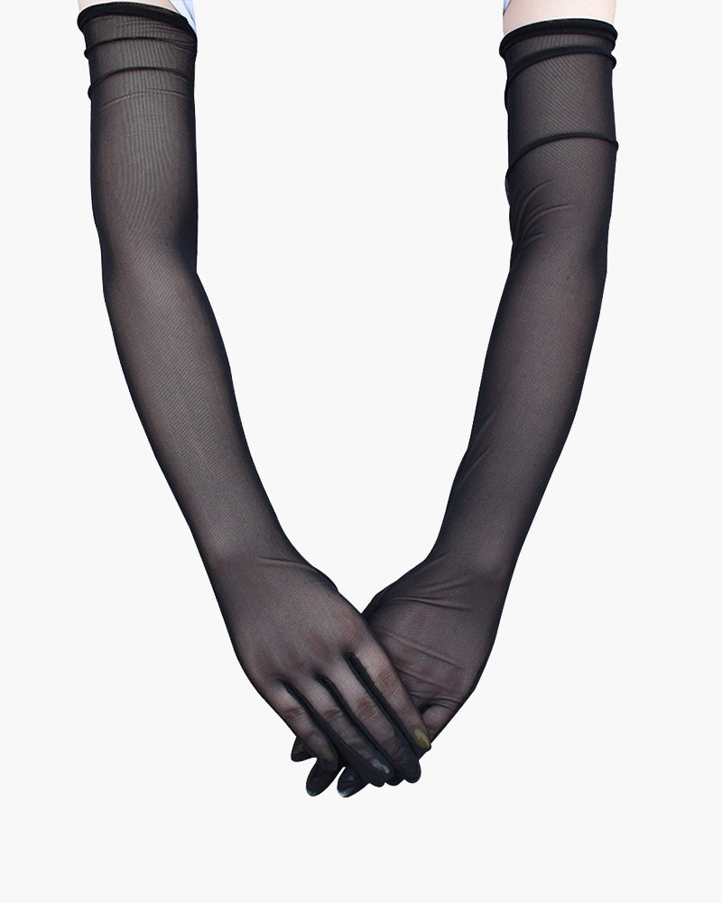Elbow-length black sheer gloves. Adds elegance and mystery. Soft, stretchy, and breathable.
