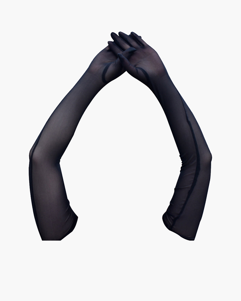 Black sheer elbow-length gloves, adding elegance and mystery to any outfit.