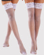 White fishnet thigh-high stockings with lace trim, a sexy lingerie option for a confident look.